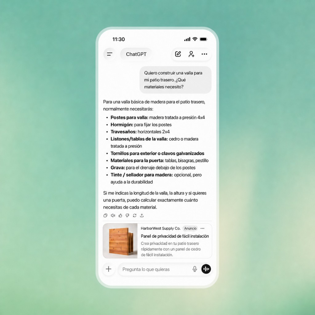 Mockup de ChatGPT en móvil: respuesta sobre construir una valla y, debajo, un anuncio etiquetado de HarborWest Supply Co.